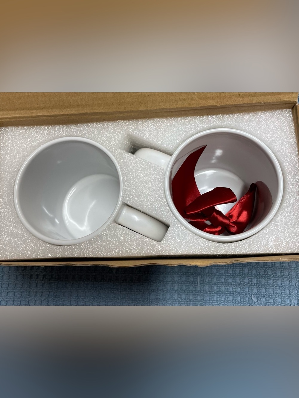 White Ceramic Mug Pair with Red Ribbon Accent - Home Dining